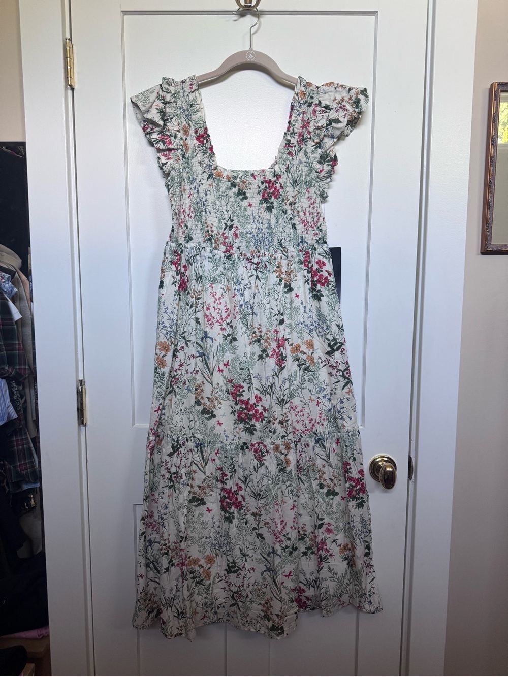 Tuckernuck Floral Midi Dress in Ivory with Green and Pink Print